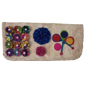 handmade mexican palm straw clutch wallet abstract floral design